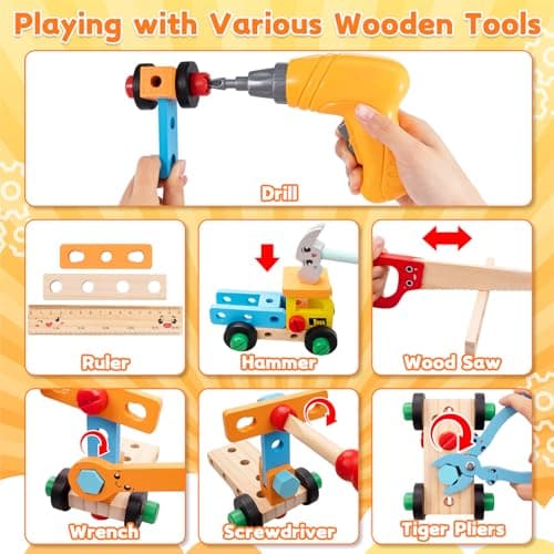 59Pcs Kids Tool Set Toy for Boys - Montessori STEM Wooden Play Tool Box Kit with Electric Drill with 2 Types Bits - Educational Christmas Birthday Gifts for Boys Toddlers Kids Age 3 4 5 6 Years Old - Thumbnail 3