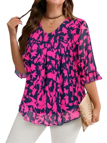 Amrto Plus Size Tops for Women V Neck 3 4 Sleeve Office Attire Business Casual Blouses Teacher Work Shirts Chiffon Ladies Professional Formal Clothes Loose Fitted Outfits, Dark Blue Pink Flowers, 2XL - Image 1