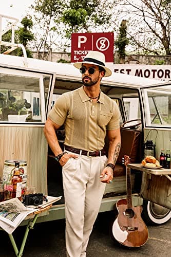 GRACE KARIN Mens Knitted Polo T Shirt Short Sleeve Slim Fit Tee Shirts Business Casual Summer Fashion T-Shirt Khaki M - Thumbnail 5