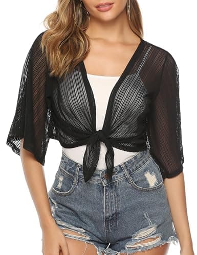 iClosam Women Tie Front Chiffon Shrug Short Sleeve Cropped Sheer Bolero Shrug Cardigan Medium 2-Black - Image 1