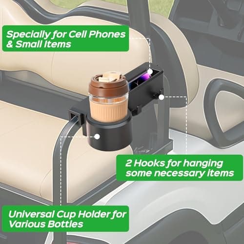 Golf Cart Armrest with Cup Holder - Universal Fit for EZGO/Club Car/Yamaha Rear Seat, Fits 1”/1.25” Square Tube Frames, Durable ABS Construction, Phone Holder, No Drilling - Thumbnail 3