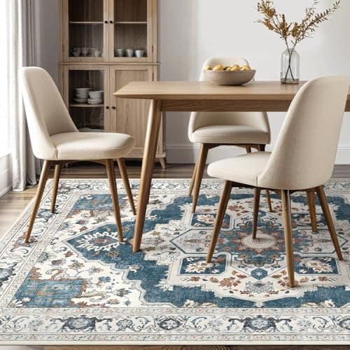 Micgeek 8x10 Washable Area Rug: Vintage Neutral Soft Non Slip Thin Large Floor Carpet for Living Room Bedroom Kitchen Dining Room Home Office Farmhouse Indoor - Blue - Thumbnail 5