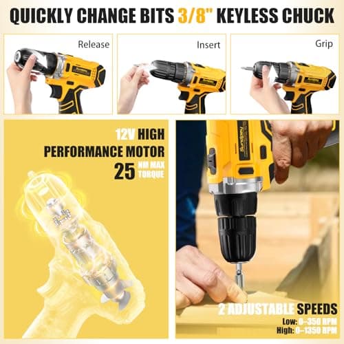 Sundpey Home Tool Kit with Drill - 166-Piece General Basic Home Repair Tool Set with 12V Cordless Power Drill & Battery & Charger & Portable Tool Box for Garden Office House Apartment Repair Men Women - Thumbnail 4