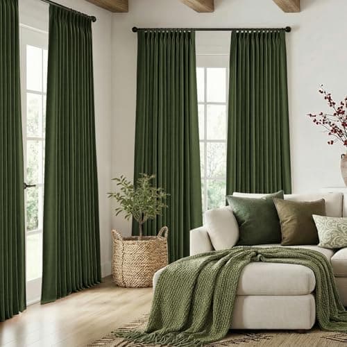 HOMEIDEAS Olive Green Pinch Pleated Curtains 100% Blackout,Linen Blend Luxury Thermal Insulated with Adjustable Hooks, for Living Room Bedroom Modern Farmhouse Decor, 40" Wx96 L 2 Panels - Thumbnail 2