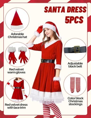 Kofero Mrs. Claus Costume for Women Christmas Santa Costume Dress Adult Plus Size Miss 5PCS Red Cosplay Outfit Xmas Party - Thumbnail 4