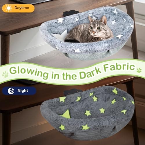 Himake Cat Desk Bed with Clamp, Glow in The Dark Cat Desk Hammock, Desk Perch with Removable Washable Cover, Sturdy Metal Frame, Supports up to 50 Lbs - Thumbnail 2