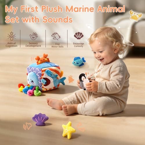 SAIMAND Baby Toys 6-12 Months–Mystery Soft Box with 5 Plush Marine Animals,Rattle,Crinkle Paper & Mirror–Montessori Sensory Toys for 6 Month Old Babies 1-3 Year Old Boy Girl Birthday - Thumbnail 3