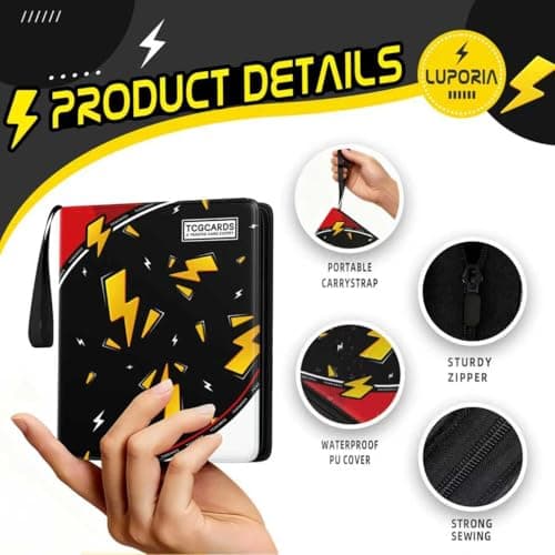 Trading Card Binder 4 Pocket,400 Pocket Card Collection Binder with 50 Removable Sleeves,PU Waterproof Top Card Book,3-Ring Zipper Collectible Trading Card Album for MTG/TCG/Card Holder Gift(Black) - Thumbnail 3
