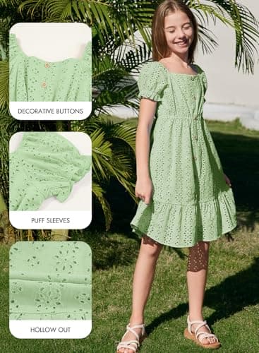 DOKOTOO KIDS Girls Dresses Summer Teen Girl Short Sleeve Party Dress Tween Junior A-line Cotton Cute Casual Eyelet Button Flowy Cute Tropical Beach Outfits Green Medium Size 6 7 Years Old - Thumbnail 3