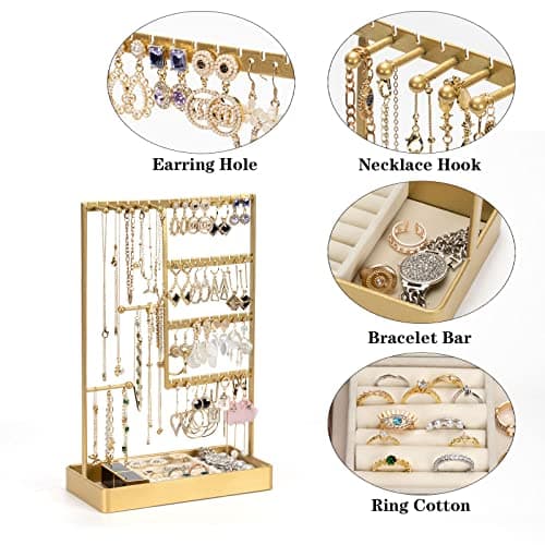 PiQi-Grecge Jewelry Organizer, 4-Tier Earring Holder Organizer with Metal Tray, Jewelry Holder Stand for Necklaces Stud Earrings Bracelets and Rings, Earring Organizer (Gold) - Thumbnail 2