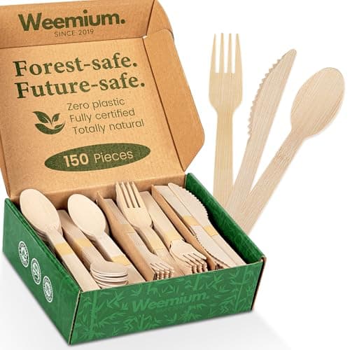 Weemium Bamboo Cutlery Disposable Set, [150 Pack] Heavy-Duty Bamboo Utensils Disposable Silverware, FSC Certified 100% Biodegradable and Compostable Utensils, 60 Forks, 60 Spoons, 30 Knives - Image 1