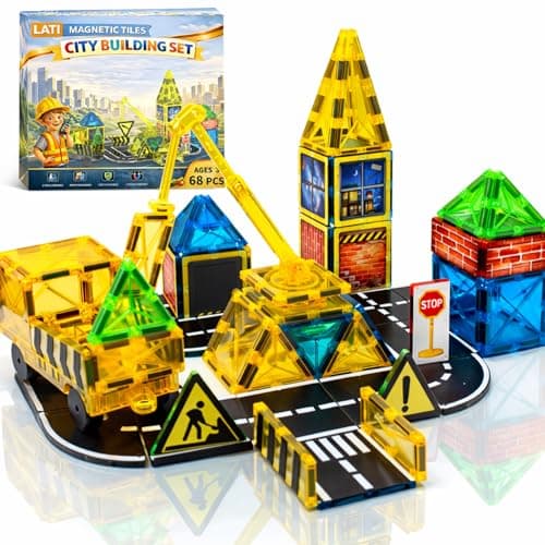 LATI Construction Magnetic Tiles City Set for Kids, Double-Sided Day & Night Building Blocks with Crane, Roads, Traffic Signs & Construction Vehicles, STEM Learning Toy for Boys & Girls Ages 3+ - Image 1