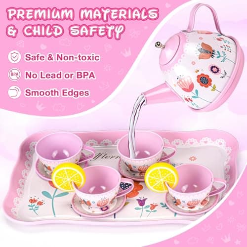 Tea Party Set for Little Girls, 63Pcs Pretend Play Toys, Princess Dress Up Tea Time, Tin Tea Sets for Toddlers 3-5 6 with Dessert, Carrying Case, Kids Kitchen Playset, Birthday Gift for Toddler Girls - Thumbnail 5
