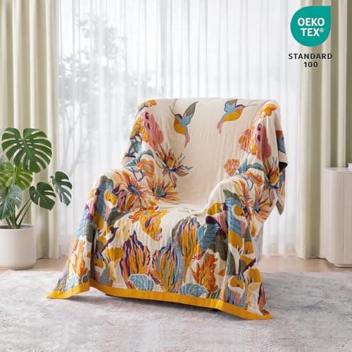 MSGKV Boho Throw Blanket for Couch and Sofa 50"x60" Cotton Throw Cover for Living Room with Floral and Butterfly, Spring Breathable&Lightweight Blanket - Thumbnail 2