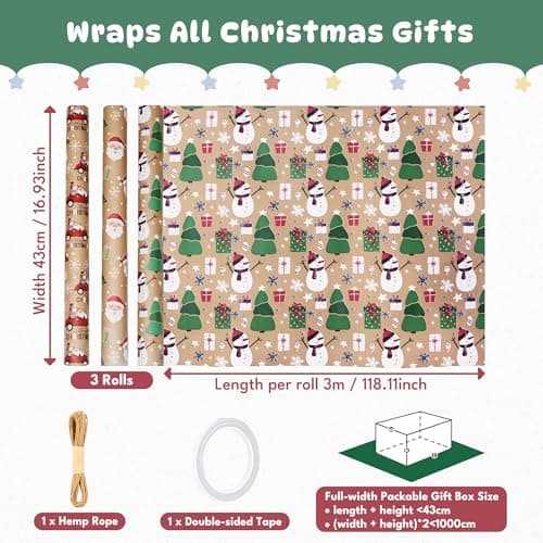 Homelyhi Christmas Wrapping Paper Rolls, 3 Rolls Recyclable Kraft Holiday Xmas Gift Wrap Reversible Prints with 6 Patterns, Santa, Rustic Red Trucks, Tree, Snowflake, Candy Cane, 17 Inch x 9.8 Feet - Thumbnail 3