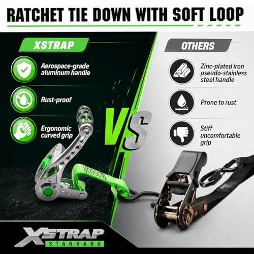 XSTRAP STANDARD 1in x 14ft Ratchet Straps with Ergonomic Aluminium Alloy Handle and Coated S-Hooks - 500 lb. Working Load Limit / 1,500 lb. Breaking Strength - Green, 4PK - Thumbnail 3