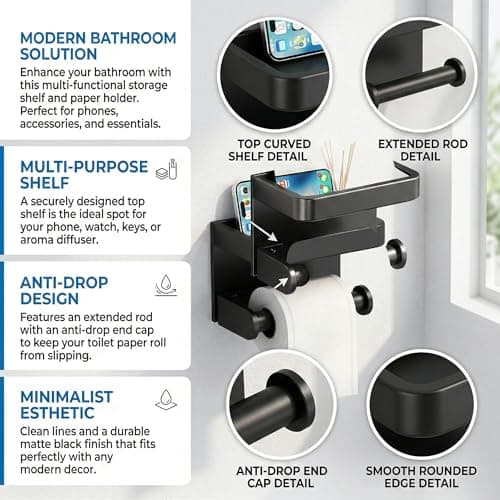 Lavstow Toilet Paper Roll Holder with Phone Shelf, Adhesive or Screw Aluminum Tissue Roll Holder Wall Mount, Rustproof for Bathroom,Washroom Black - Thumbnail 3