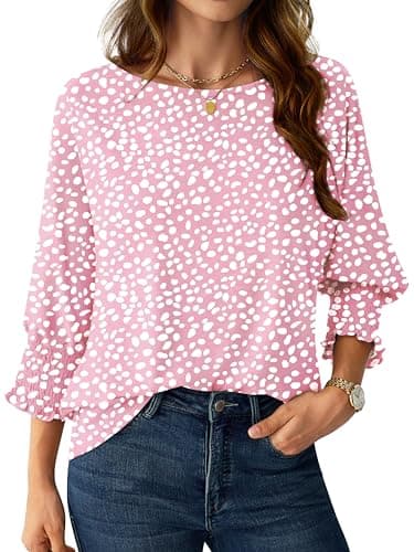 NORACORA Blouses for Women Dressy Casual Printed 3/4 Length Sleeve Womens Tops with Smocked Cuffs Basic Business Tees Pink Dot L - Image 1