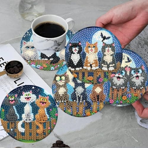 ijbnhd Cat Diamond Painting Coasters Kits, 8 Pieces Cat Diamond Art Coasters with Holder, DIY Art kit for Beginners 4X4inch (Cork Wooden Pad) - Thumbnail 4