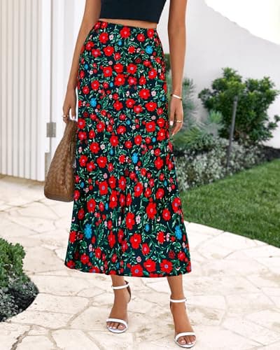 BTFBM Satin Skirts for Women Trendy Summer 2025 High Waisted A-Line Leopard Print Cocktail Wedding Long Silk Midi Skirt(Floral Black Red, Large) - Thumbnail 6