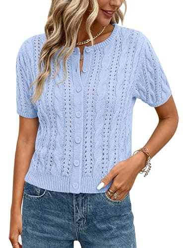 MASCOMODA Women Summer Cable Knit Crochet Cardigan Sweaters Casual Button Short Sleeve Sweater Cute Beach Hollow Out Knit Top(Light Blue,Large)
