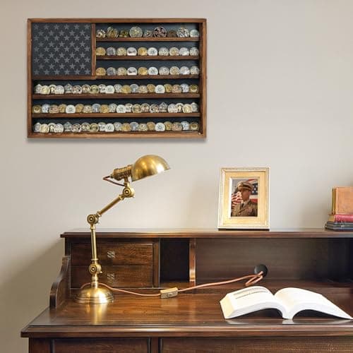 Challenge Coin Display Case, 27.6" x 18.3" Lockable Military Coin Holder Cabinet with Removable Star Board, Solid Wood Coins Cases for Collectors Plexiglass Coins Rack Stand - Thumbnail 6