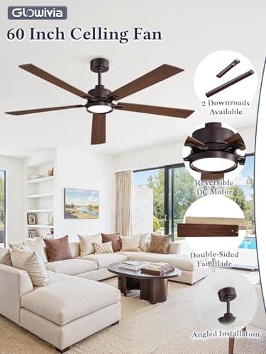 Glowivia 60 Inch Ceiling Fan with Lights and Remote, Smart APP Control, Dimmable with All-Setting Memory, Quiet DC Motor Reversible Blades, Damp Rated Modern Ceiling Fan for Bedroom Patio Living Room - Thumbnail 5