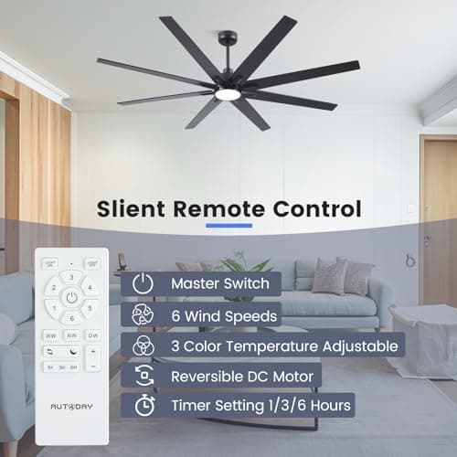 Newday 72 Inch Black Ceiling Fan with Light and Remote, Indoor/Outdoor Silent Reversible DC Motor, 6 Speeds, 3CCT, Timer, 8 Blades, 3 Downrods for Living Room, Patio, Garage - Thumbnail 3