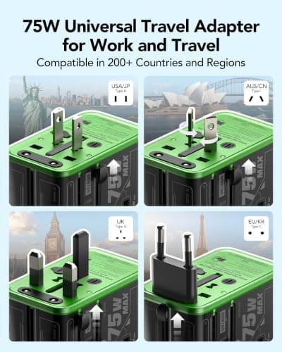 Mfish 75W Universal Travel Adapter with Retractable USB-C Cable, 3 USB-C & 1 USB-A, 1 AC Outlet, International Wall Charger for MacBook, iPhone, iPad, EU/UK/US/AUS, Type A/I/G/C, Black - Thumbnail 3