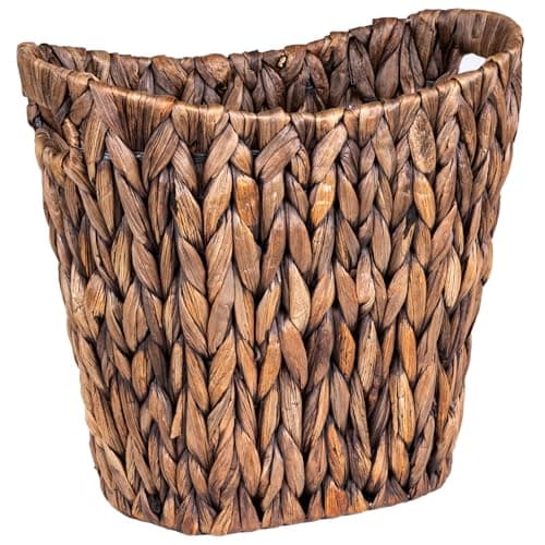 FairyHaus Wicker Waste Basket with Handle, Hand-Woven Water Hyacinth Trash Can for Bathroom Bedroom, Brown Wicker Storage 13 x 7.5 x12.2 - Image 1