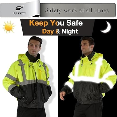 sesafety High Visibility Reflective Jackets for Men Waterproof, 3 In 1 Hi-Vis Reflective Winter Bomber Safety Rain Coat with Zipper Sweater, Construction - Thumbnail 6