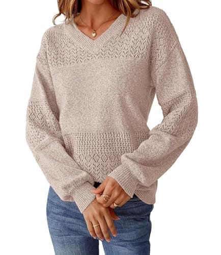 NORACORA Womens V Neck Fall Sweaters 2025 Casual Long Sleeve Ribbed Knit Pullover Lightweight Crochet Pullover Sweater Tops Khaki - Thumbnail 3