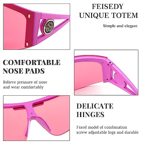 FEISEDY Sunglasses for Women, One Piece Oversized Sunglasses for Men and Women, Big Shades, Wrap Shield for Cycling, Driving, Vacation (B4027, Pink) - Thumbnail 3