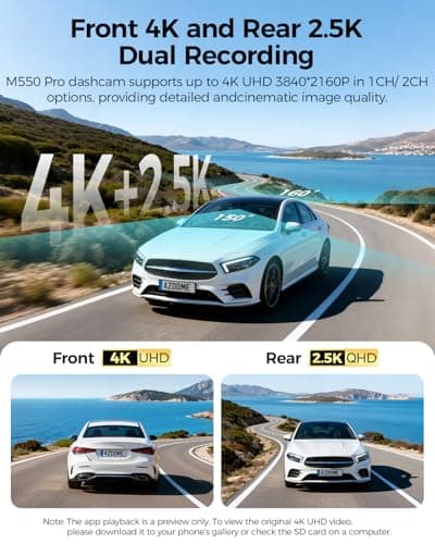AZDOME ADAS Dash Cam Front and Rear, 4K+2.5K UHD Dash Camera for Cars, 64GB Card Included, Voice Control, Bulit-in 5.8GHz Wi-Fi GPS, 3.19'' IPS Screen Dashcam, Night Vision, 24H Parking Mode M550 Pro - Thumbnail 3