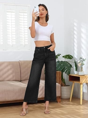 Genleck Women's Wide Leg Jeans – Trendy Cropped Loose Jeans High Waisted Stretchy Capri Denim Pants Baggy Trousers 2025 Black - Thumbnail 3