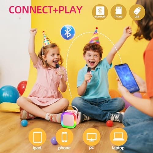 Kinglucky Mini Karaoke Machine for Kids, Top Birthday Gift Pick for Girls Ages 3, 4, 5, 6, 7, 8, 9, 10, 11, 12 Years Old, Kids' Personal Video Players Accessories with 2 Mics Singing Present Toy, Pink - Thumbnail 5