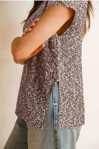 Arach&Cloz 2025 Women's Fashion Summer Fall Cotton Blend Cap Sleeve Sweater Vest Knit Side Slit Mock Neck Sleeveless Formal Tops Cute Casual Trendy Clothes Teacher Outfits Clothing White Brown S - Thumbnail 2