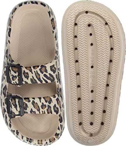 Weweya Athletic Outdoor Slides Sandals for Women and Men Slip On Wide Width Eva Rubber Flat Foam Cozy Slides Thick Sole Comfort Walking Sandals Leopard Women Size 5.5 6 6.5 - Thumbnail 6