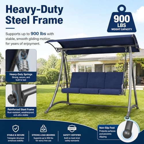 Outdoor Patio Swing, 3 Seat Porch Swing with Adjustable Canopy, Swing Chair for Backyard Garden Patio(Blue) - Thumbnail 5