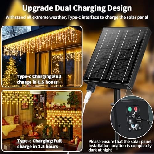 LairtPOW Solar Powered Icicle Lights Outdoor Christmas - 660LED 66+16FT Icicle String Lights with Remote, 8 Modes, Timer, IP65 Waterproof. Rechargeable Battery for Porch, Roof, Xmas (Warm White) - Thumbnail 6