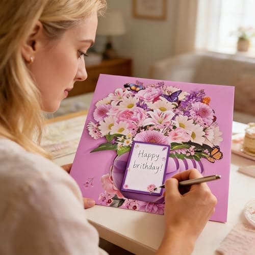 Rayilyn Happy Birthday Musical Cards for Women Mom, 3D Pop-Up Greeting Card with Light & Music, 10 Inch Peony & Gerbera Flower Bouquet & Butterflies Design Gift Card for Woman, Lady, Sister - Thumbnail 5