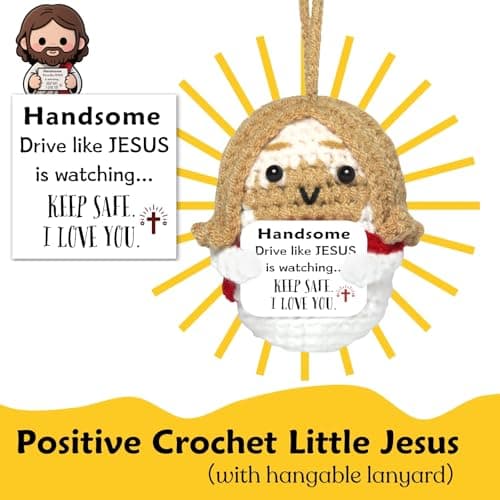 Easter Basket Stuffers for Men Driver: Crochet Little Jesus Christian Gifts Handmade Car Decors with 'Keep Safe' Cards Rearview Mirror Hanging Accessories, Catholic Religious Husband Him Gift Ideas - Thumbnail 2