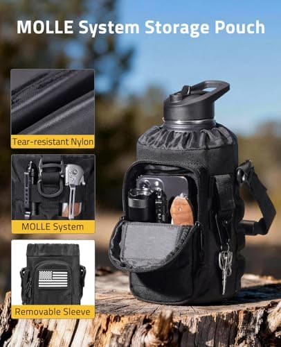 CVLIFE Half Gallon Water Bottle with Straw, 64 oz Insulated Stainless Steel Water Jug, Battle Sports Bottle with Bottle Pouch, Durable Handle, Removable Sleeve for Gym, Hiking, Camping (Black 2 Liter) - Thumbnail 6