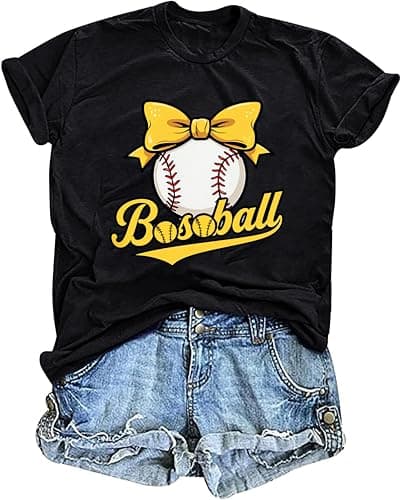 Baseball Shirts for Women Cute Bow Graphic T-Shirt Softball Mom Tee Funny Baseball Fan Short Sleeve Top Black - Image 1