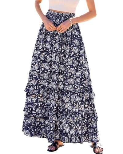 BTFBM Skirts for Women Summer Flowy A-Line Floral Boho Maxi Skirt Long Wedding Guest Dresses Spring Outfits 2026(Floral Floral Navy White,Small) - Image 1