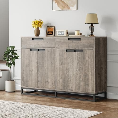 GarveeHome Sideboard Buffet Cabinet, 55-Inch Large Modern Kitchen Accent Storage Cabinet with 2 Drawers and 4 Doors, Coffee Bar Buffet Table for Kitchen and Dining Room, Grey - Thumbnail 6