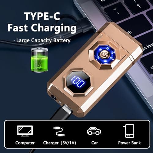 BABOBIU Electric Lighter Arc Plasma Lighter - Luxury Gold Finish, LED Emergency Lighting, USB Rechargeable with Ignition Count Display, Zinc Alloy Body for Survival, Vintage Style, Gifts (Gold) - Thumbnail 5
