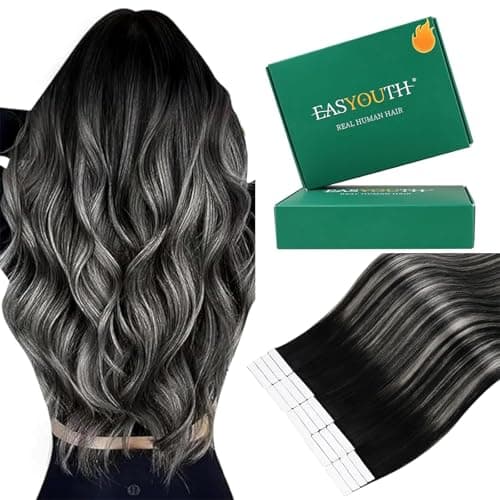 Easyouth Ombre Tape in Extensions Human Hair 16 Inch 20pcs Tape in Hair Extensions Human Hair Black Ombre Silver with Black Balayage Tapes in Extension for Women - Image 1