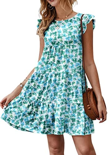 KIRUNDO Womens Summer Dresses 2026 Ruffle Sleeveless Boho Floral Mini Round Neck Loose Short Flowy Pleated Babydoll Beach Sundress, Floral3- White Blue Green, X-Large - Image 1