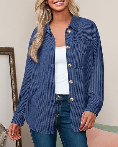 PRETTYGARDEN Women's Button Down Shirts 2026 Spring Long Sleeve Textured Tops Oversized Shacket Jacket Knit Blouses(Blue,XX-Large) - Thumbnail 3